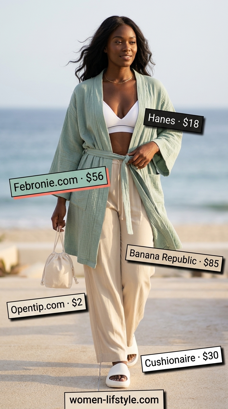 Relaxed summer beach kimono outfits 2026: Seafoam green kimono with wide-leg pants, bralette, and slide sandals.