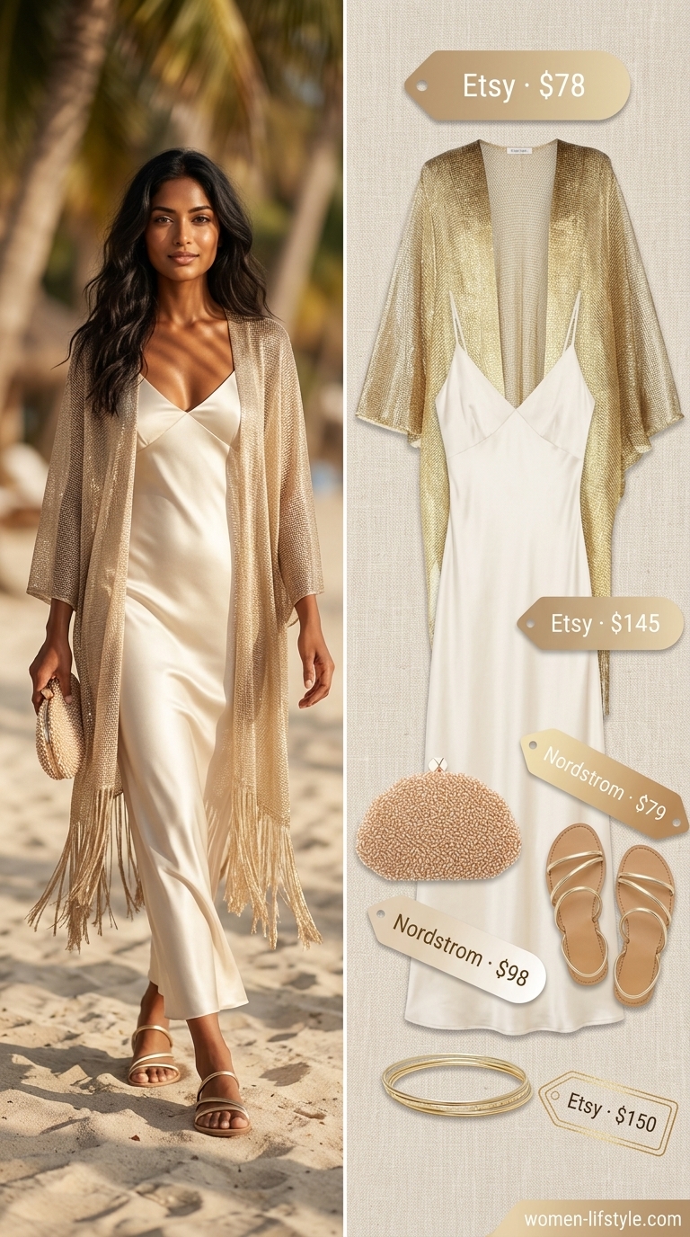 Elegant summer beach kimono outfits 2026: Champagne gold sheer kimono over satin slip dress, gold sandals & clutch.