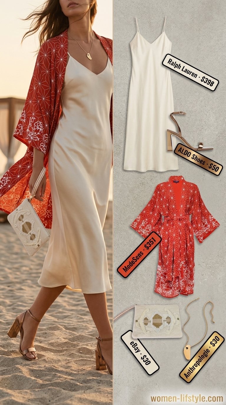 Terracotta sunset kimono outfit for resort dinners and beach walks in 2026. Romantic style.