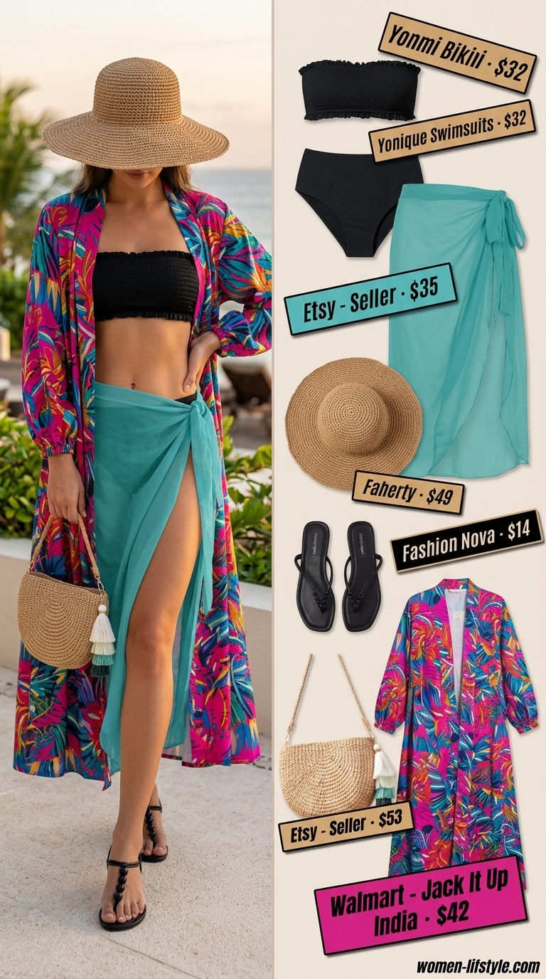 Exotic summer beach kimono outfits 2026: Fuchsia tropical kimono with bikini, sarong, straw hat & crossbody bag.
