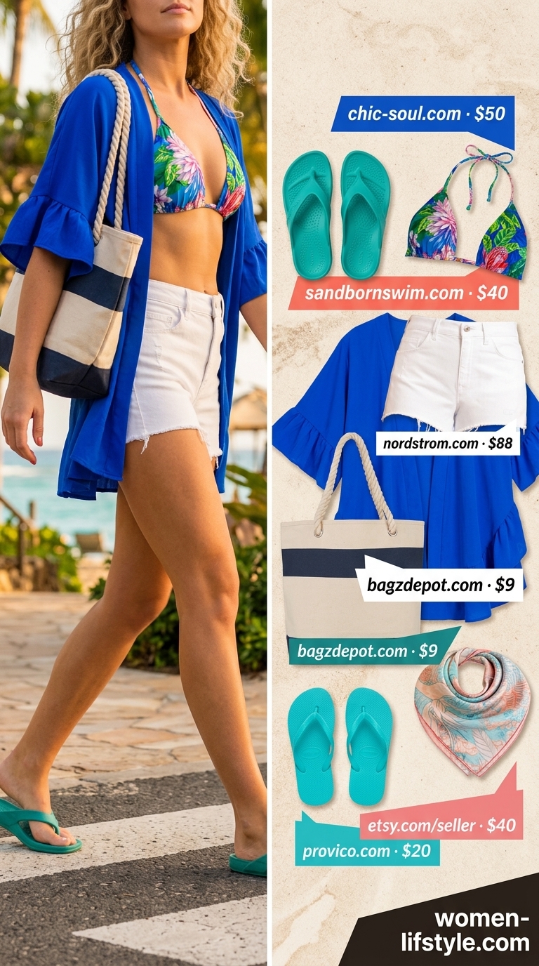 Vibrant summer beach kimono outfits 2026: Electric blue kimono with floral bikini, denim shorts, and colorful scarf.