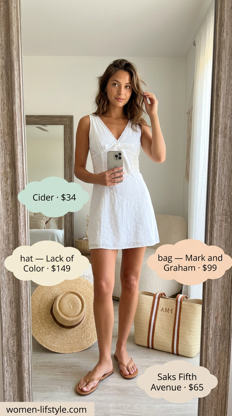 Boho beach cover-up: white embroidered mini dress, straw hat, straw tote. Summer Belted dress for women 2026.