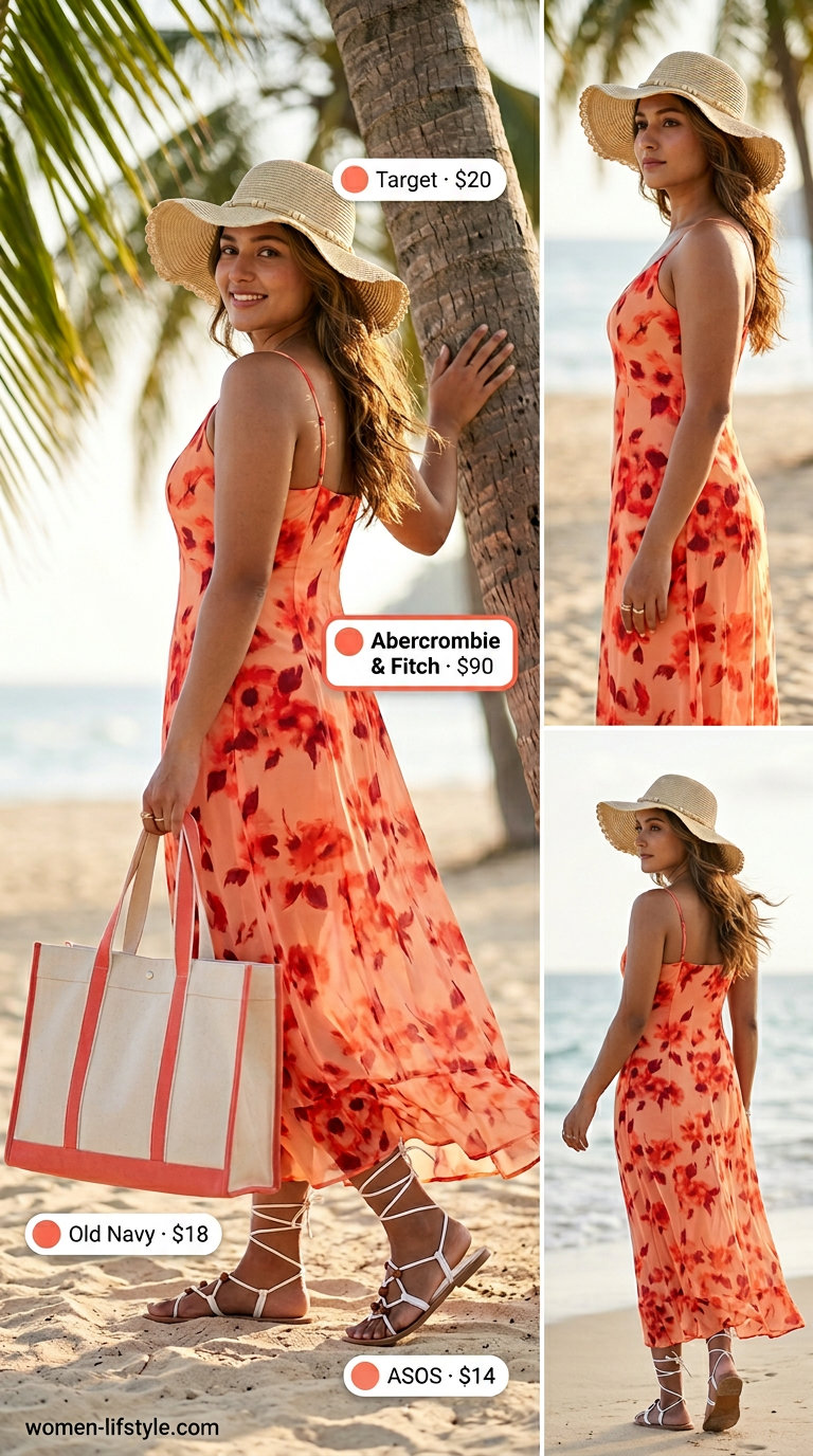 Boho beach cover-up: coral floral maxi dress, white sandals, straw hat. Summer Belted dress for women 2026.