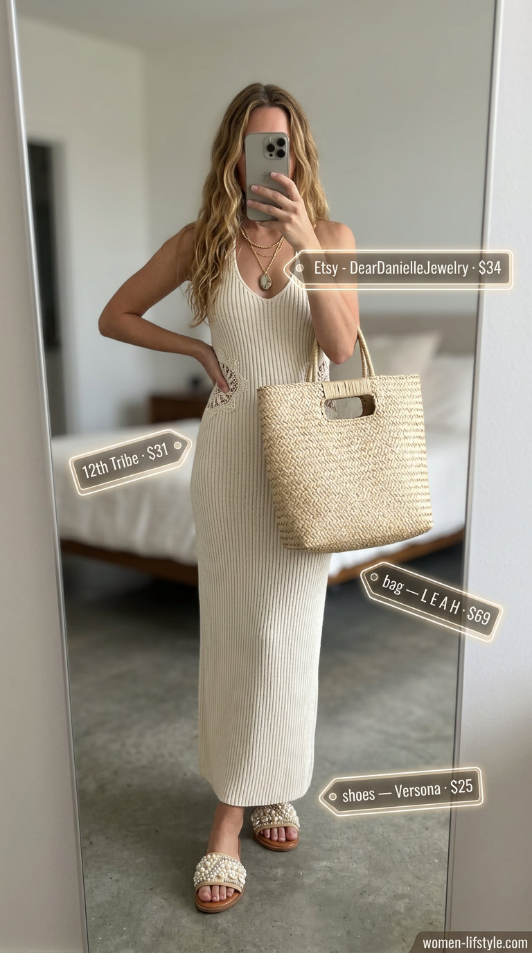 Boho crochet maxi dress: ivory crochet dress, tan sandals, straw tote. Summer Belted dress for women 2026.