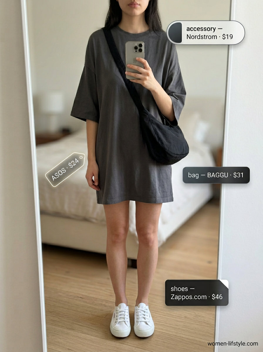 Casual shirt dress: charcoal grey t-shirt dress, white sneakers, baseball cap. Summer Belted dress for women 2026.