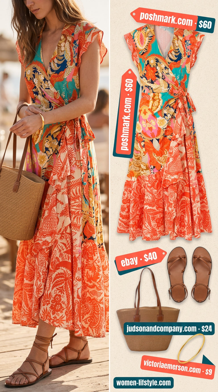 Coral & teal floral maxi dress, straw tote, gold bangles, tan flat sandals. Summer Belted dress for women 2026.