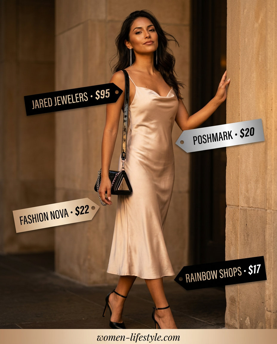 Elegant slip dress: champagne satin midi dress, black sandals, silver earrings. Summer Belted dress for women 2026.