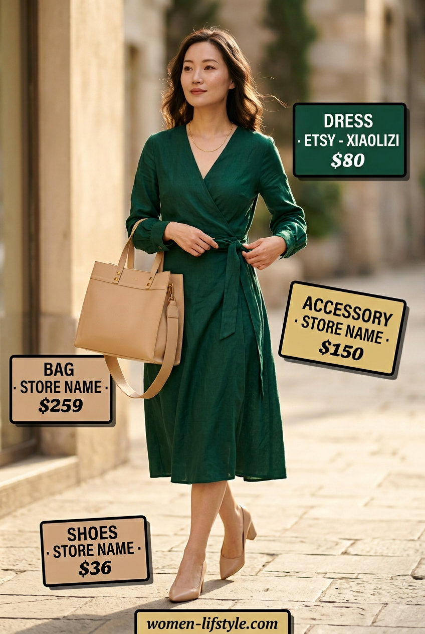 Emerald green linen wrap dress, beige tote bag, gold necklace, nude block heels. Summer Belted dress for women 2026.