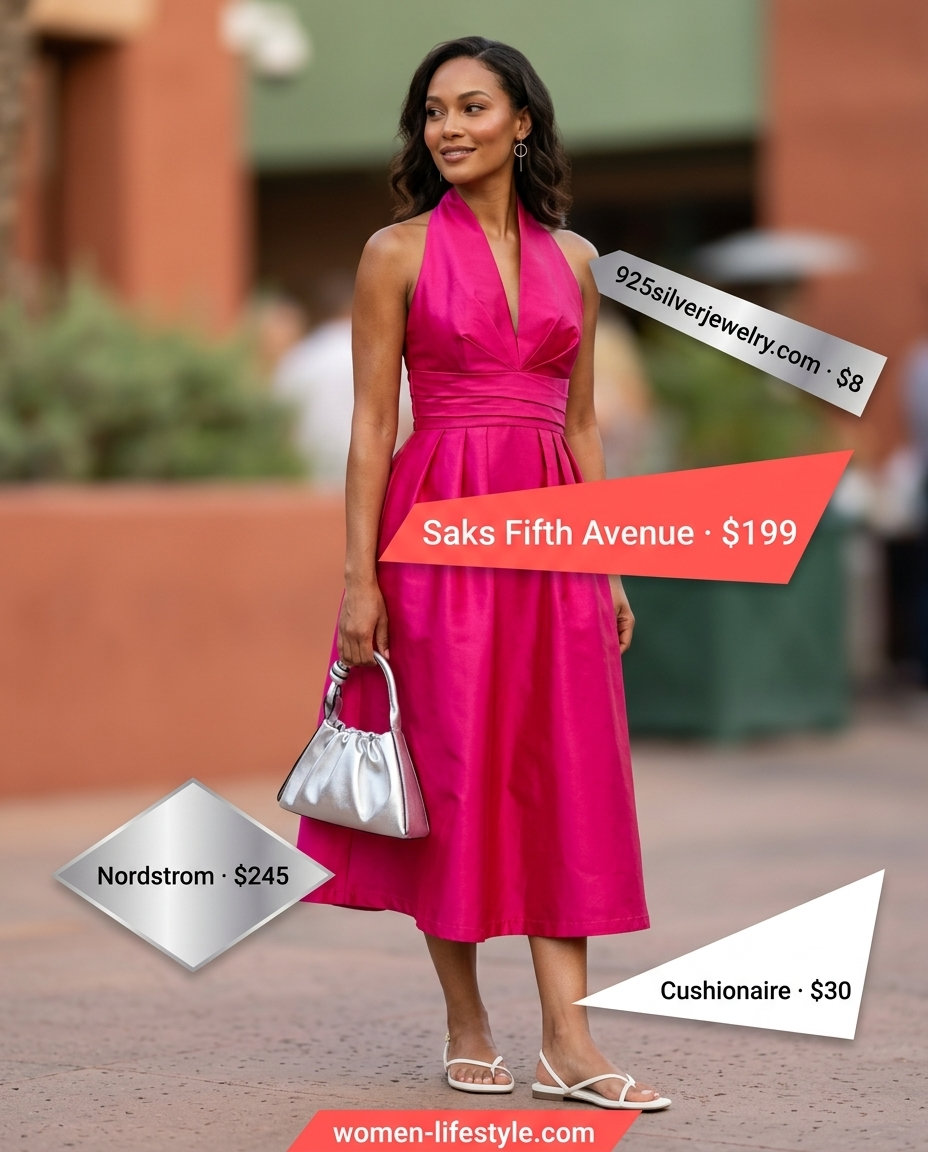 Fuchsia halter midi dress, silver mini bag, silver earrings, white strappy sandals. Summer Belted dress for women 2026.