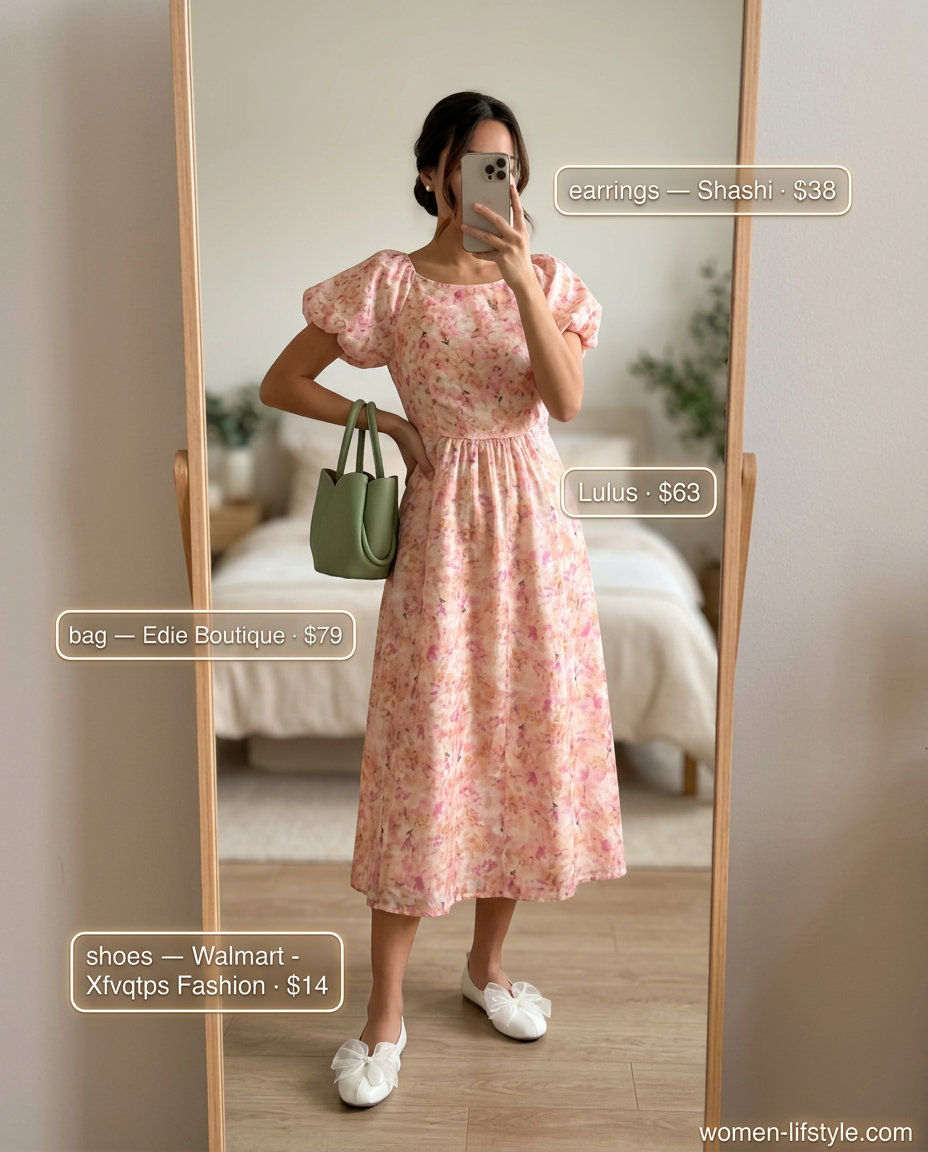 Garden party dress: pastel pink floral midi dress, ballet flats, top-handle bag. Summer Belted dress for women 2026.