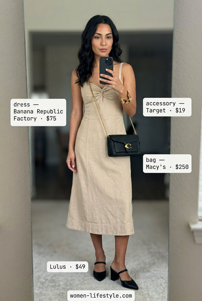 Minimalist midi dress: beige linen dress, black mules, gold cuff. Summer Belted dress for women 2026.