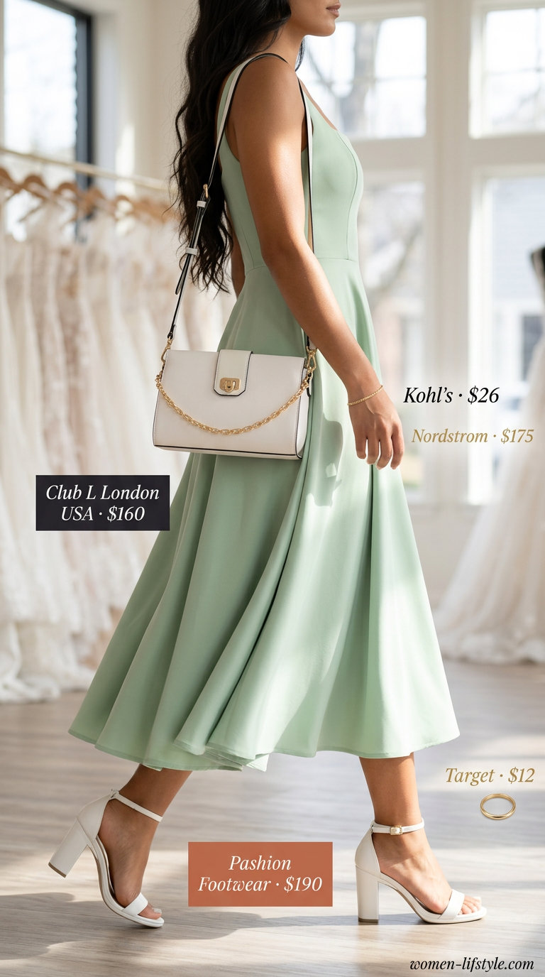 Modern Mint Green midi dress, white crossbody bag, white block heels, gold bracelet. Summer Belted dress for women 2026.