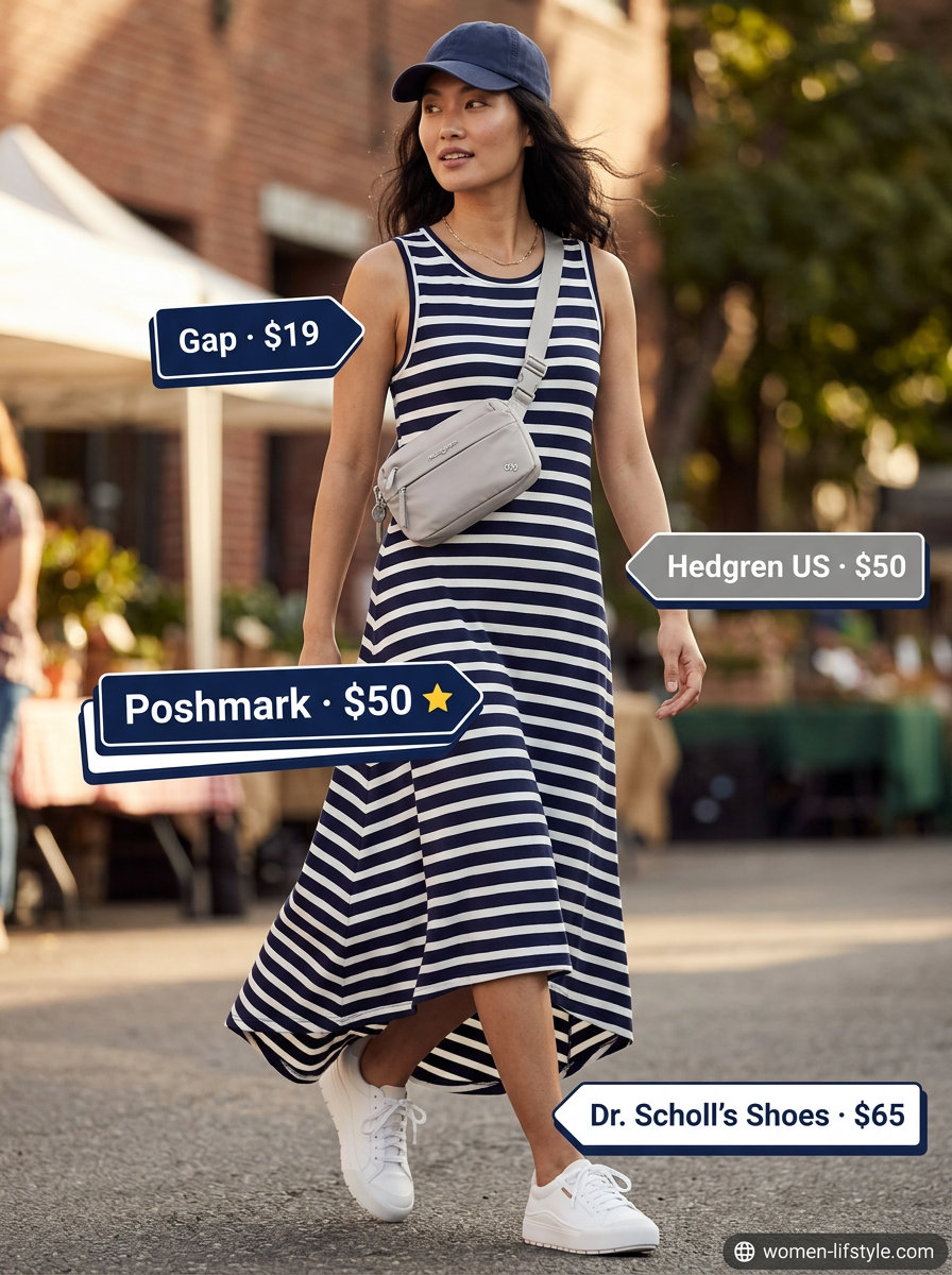 Navy stripe maxi dress, white sneakers, grey belt bag, navy baseball cap. Summer Belted dress for women 2026.