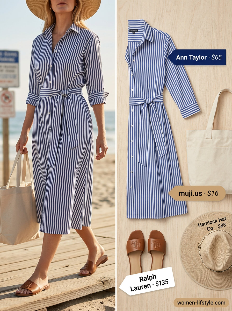 Navy & white stripe shirtdress, straw hat, canvas tote, tan slides. Summer Belted dress for women 2026.