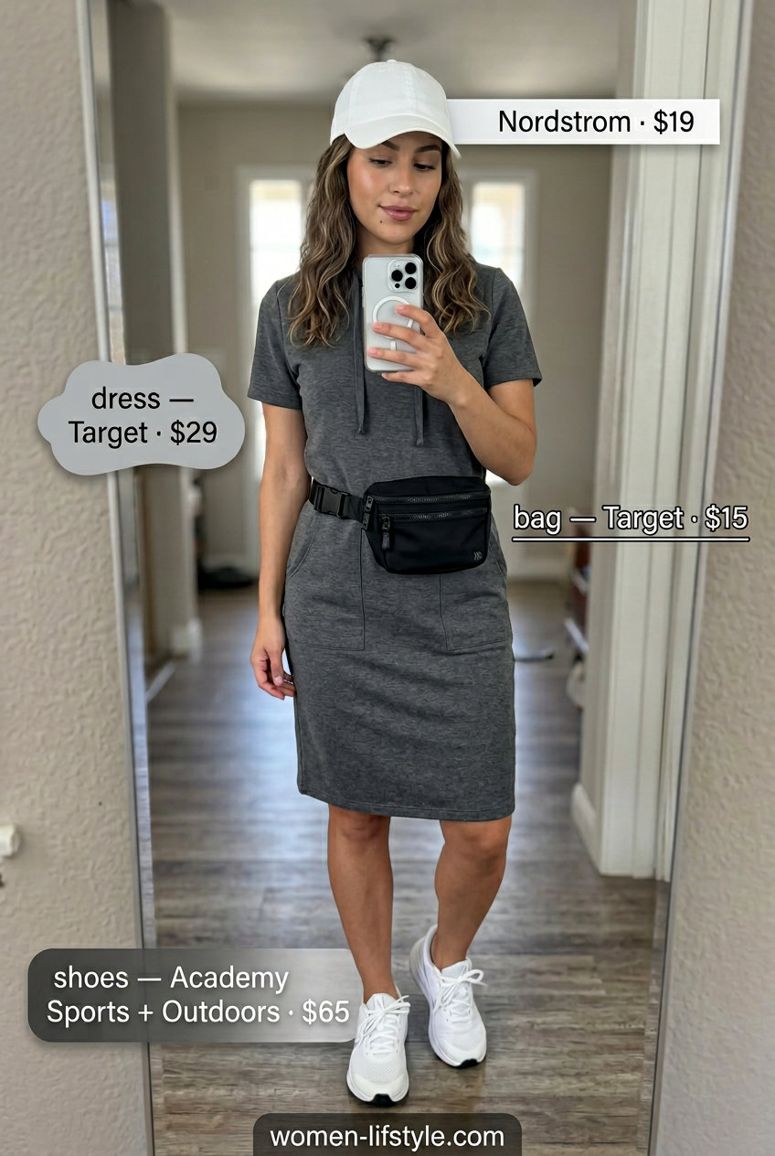 Sporty athleisure dress: charcoal grey hoodie dress, white sneakers, belt bag. Summer Belted dress for women 2026.