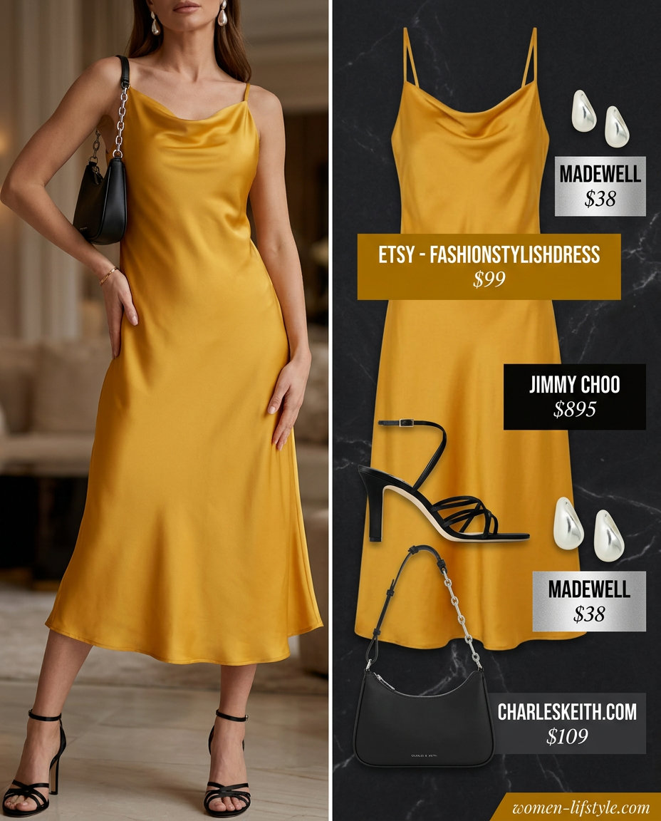 Golden yellow slip dress, black mini bag, silver drop earrings, black strappy heels. Summer Belted dress for women 2026.