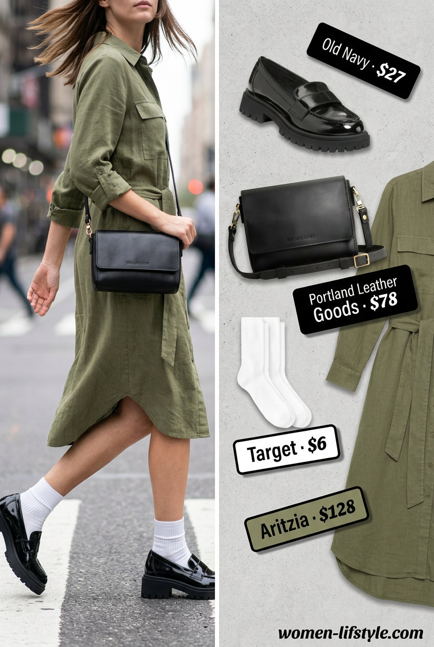 Urban Explorer outfit: Olive green belted utility dress, white socks, black crossbody bag, black loafers. Summer Belted dress for women 2026.