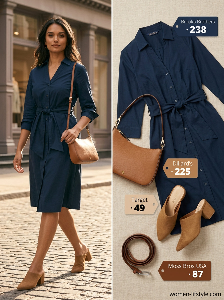 Navy belted shirt dress for women 2026, ideal for smart casual office wear or city exploration. Styled with tan accessories.