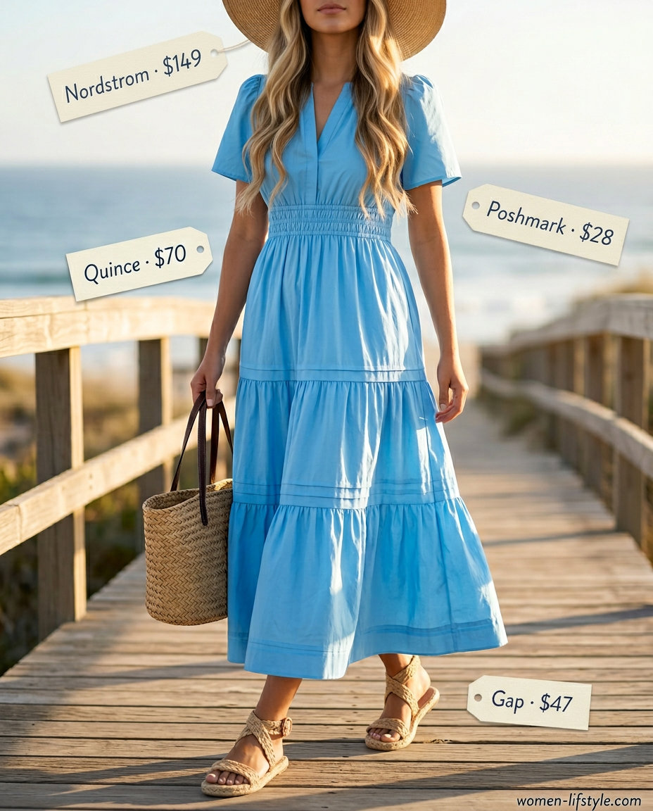 Sky blue belted maxi dress for women 2026, perfect for beach days and casual summer outings. Styled with straw accessories.