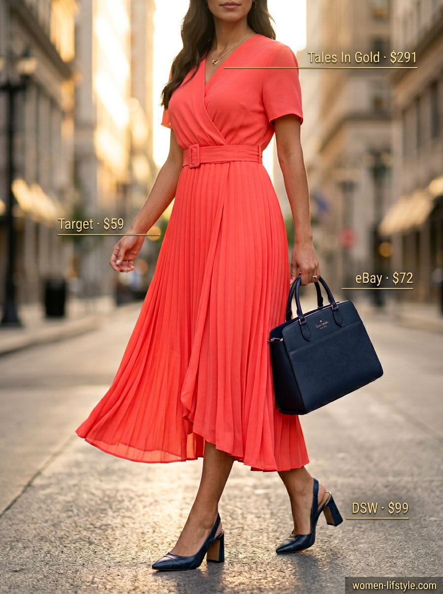 Coral wrap midi dress for women 2026, perfect for work events, brunch, or date nights. Styled with navy and gold accessories.