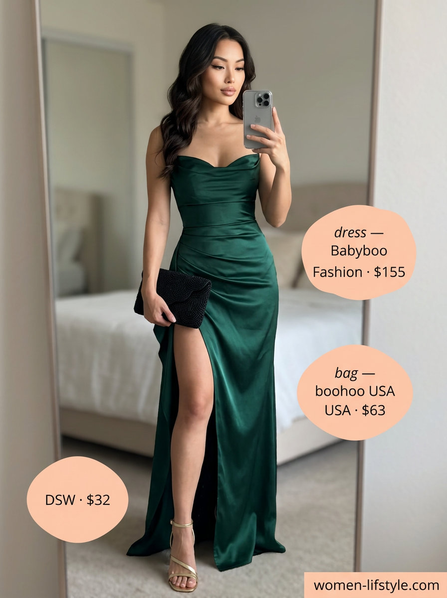 Emerald green maxi dress for women 2026, perfect for formal events and summer wedding guests. Styled with gold and black accessories.