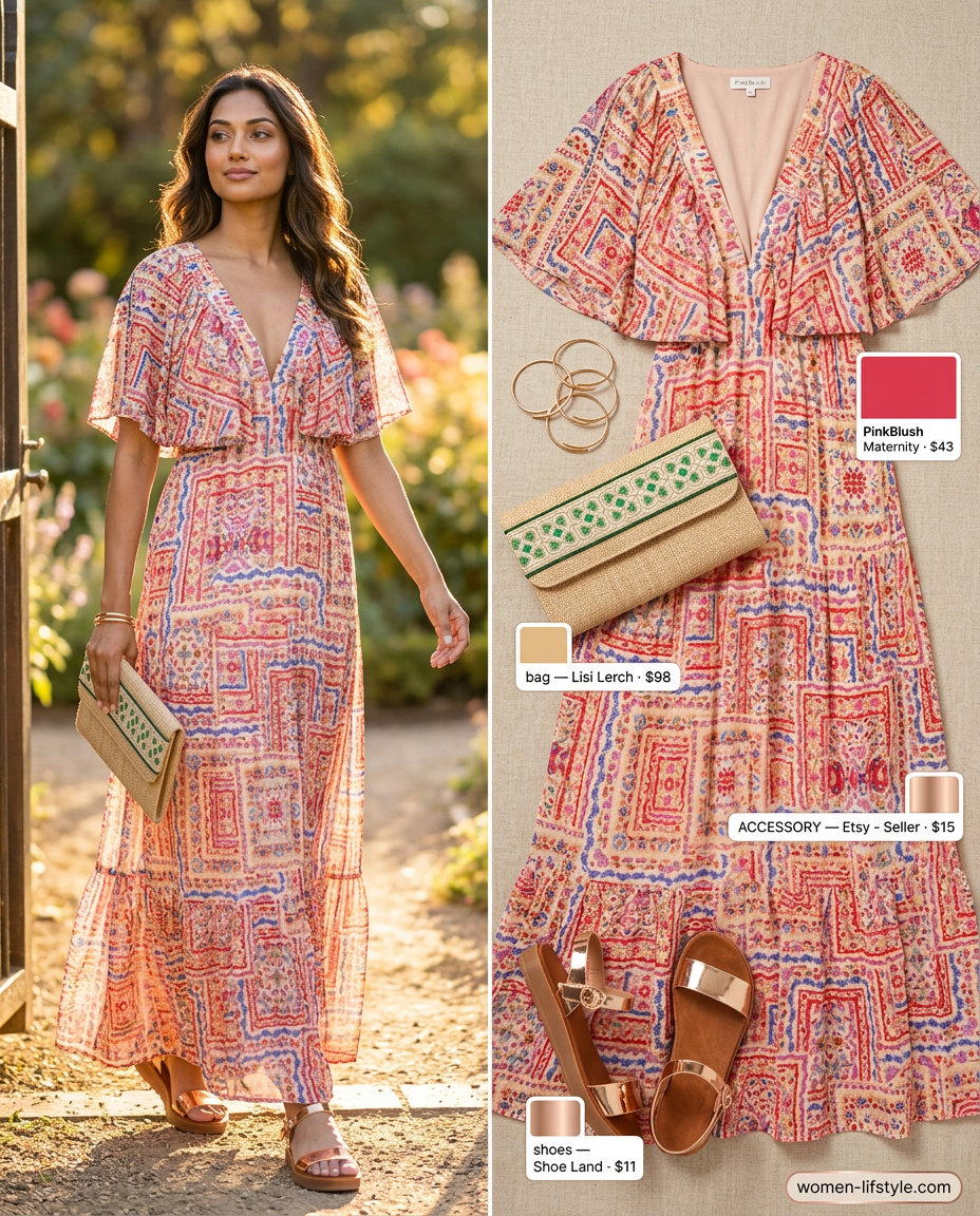 Floral maxi dress for women 2026, perfect for garden parties and summer wedding guests. Styled with woven clutch and sandals.