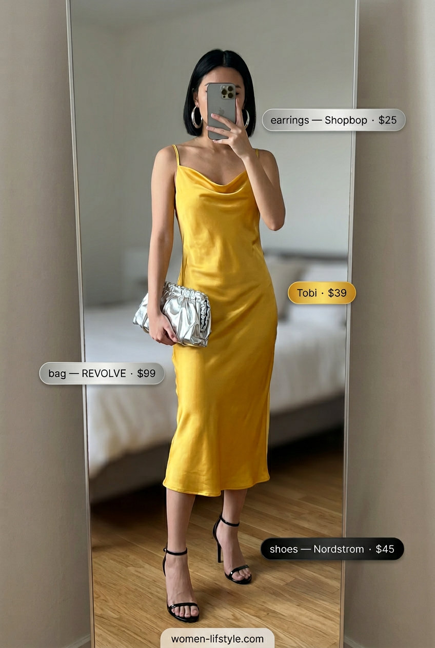 Golden yellow slip dress for women 2026, perfect for evening parties and summer wedding guests. Styled with black sandals and silver accessories.