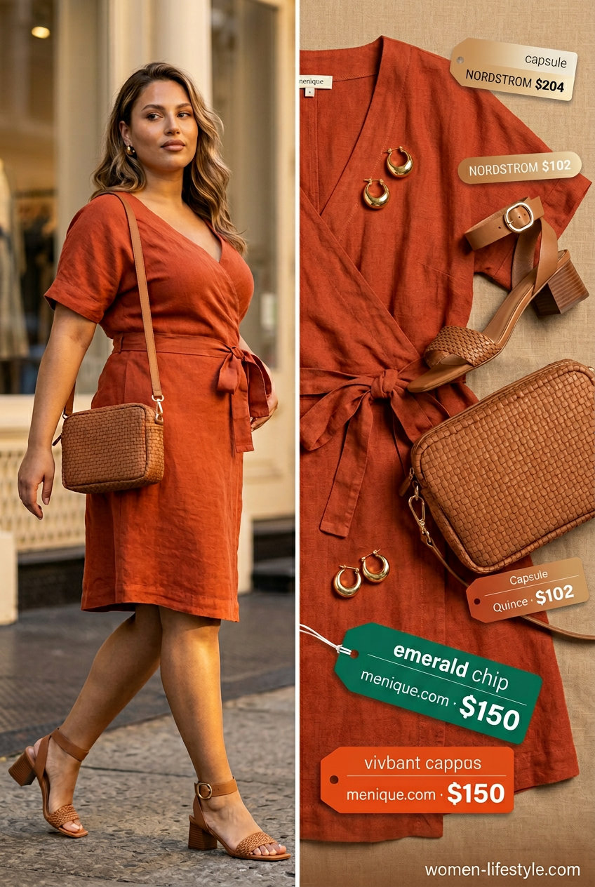Rust orange linen wrap dress for women 2026, perfect for dinner dates and polished summer evenings. Styled with tan sandals and gold earrings.