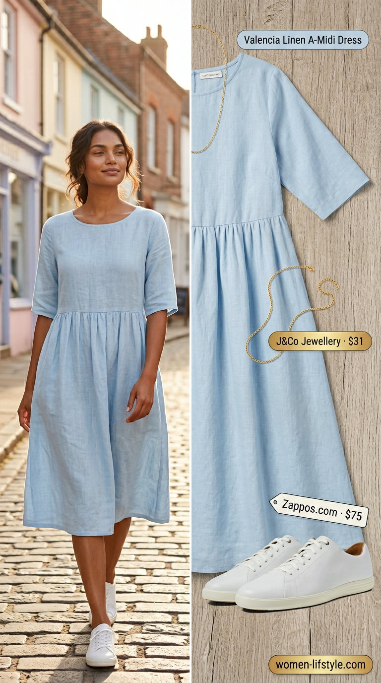 Sky blue midi dress for women 2026, perfect for casual days and beach picnics. Styled with white sneakers and straw tote.