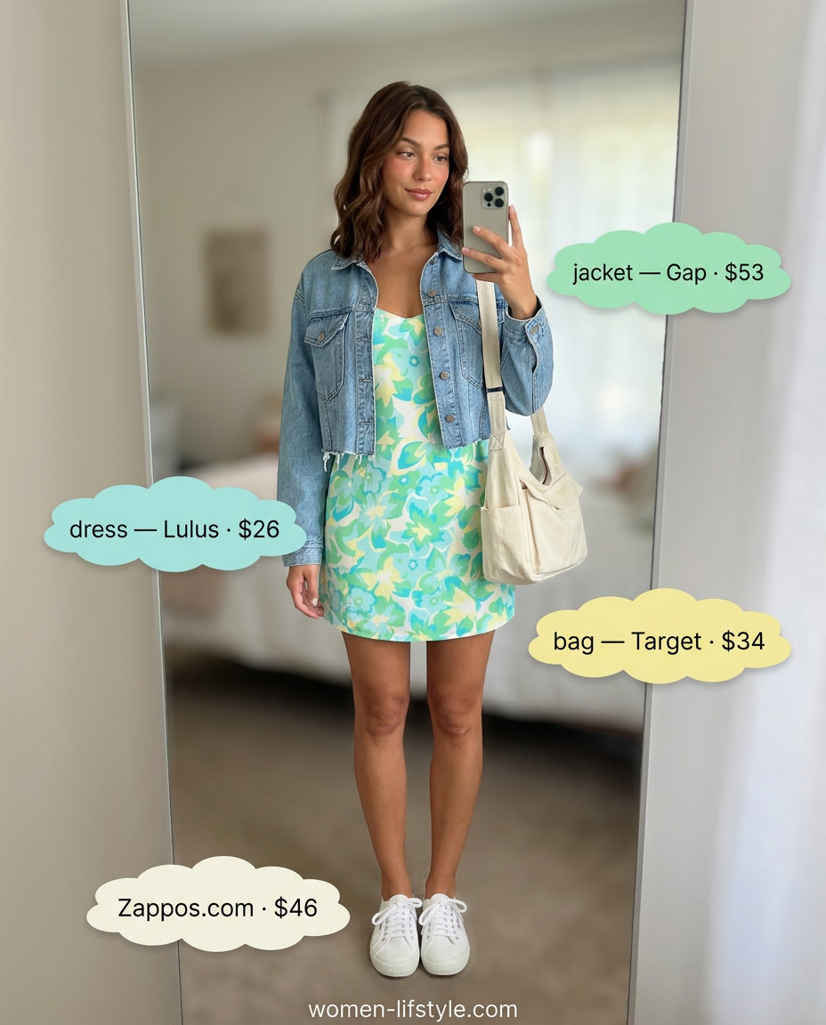 Yellow floral mini sundress for women 2026, perfect for casual outings and summer festivals. Styled with denim jacket and sneakers.