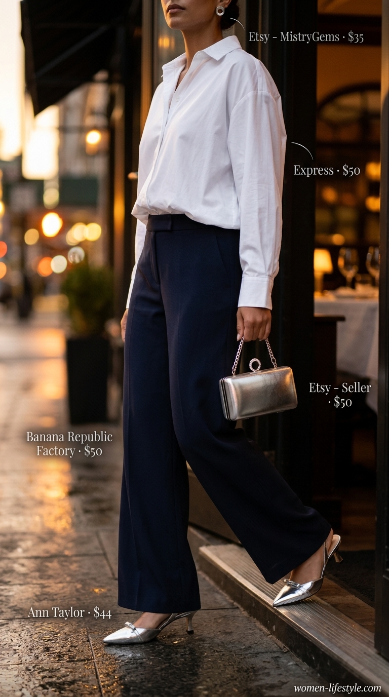 Chic city summer birthday dinner outfit for women 2026: Navy wide-leg pants, white shirt, silver heels.