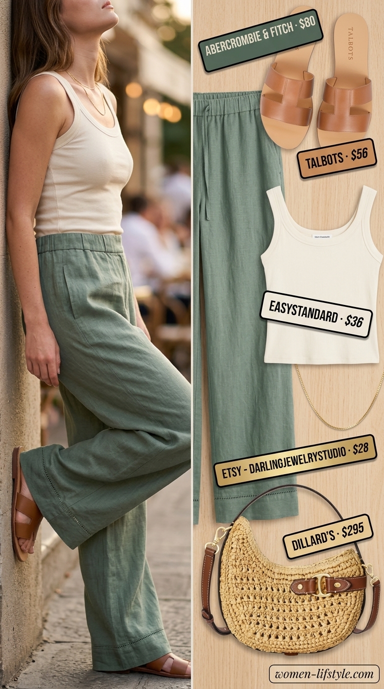Relaxed chic summer birthday dinner outfit for women 2026: Sage green linen pants, cream tank, straw bag.
