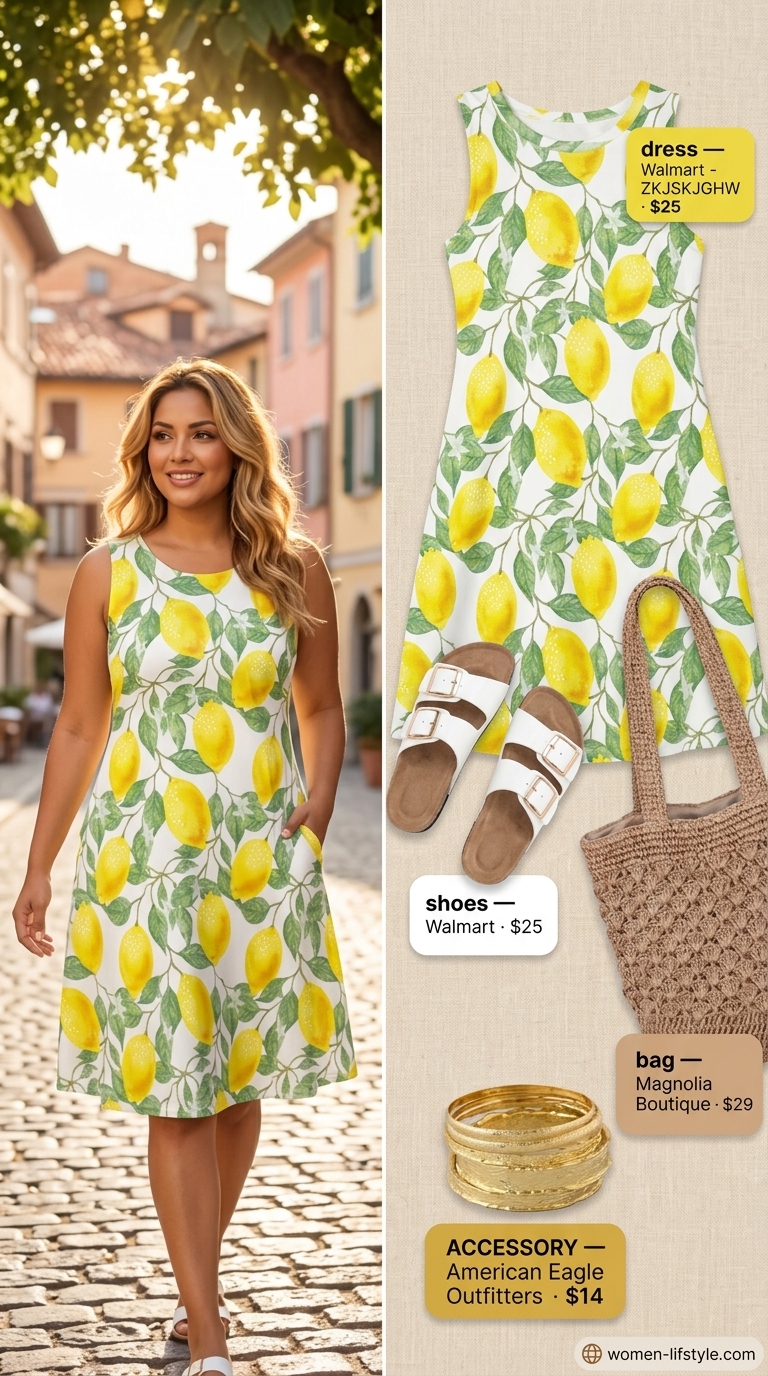 Cheerful summer birthday dinner outfit for women 2026: Yellow citrus mini dress, straw tote, flat sandals.