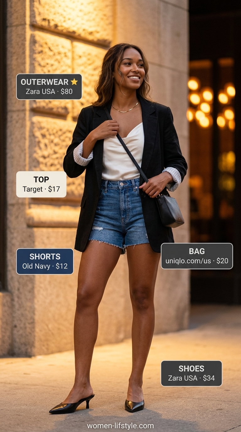 Casual chic summer birthday dinner outfit for women 2026: Linen blazer, satin cami, denim shorts, heeled mules.