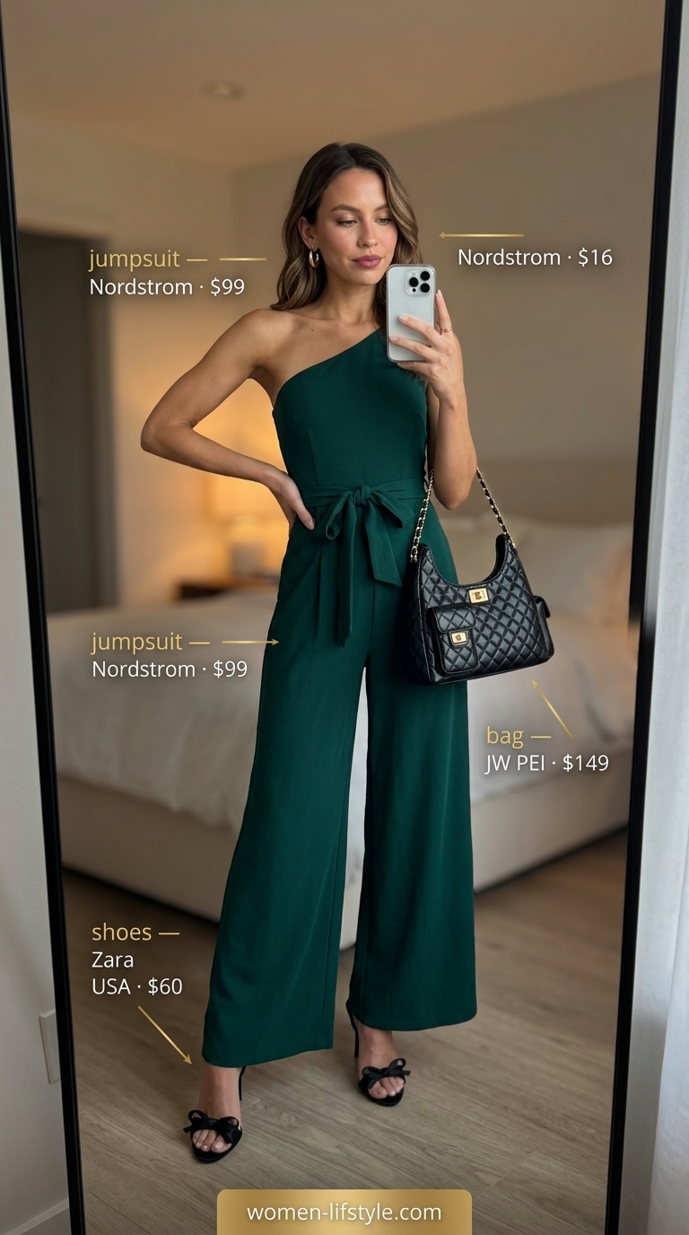 Elegant summer birthday dinner outfit for women 2026: Emerald green wide-leg jumpsuit, gold hoops, black sandals.