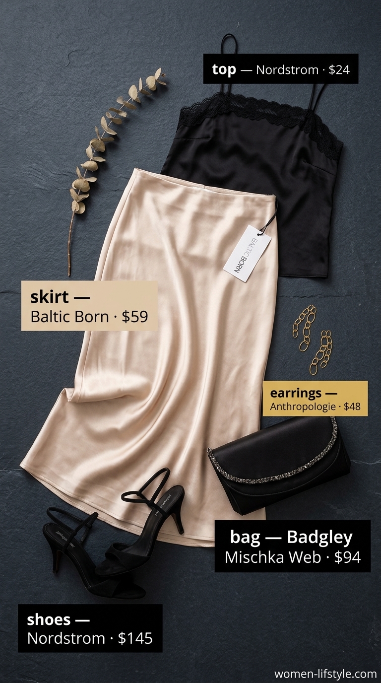 Luxurious summer birthday dinner outfit for women 2026: Champagne slip skirt, black camisole, gold earrings.