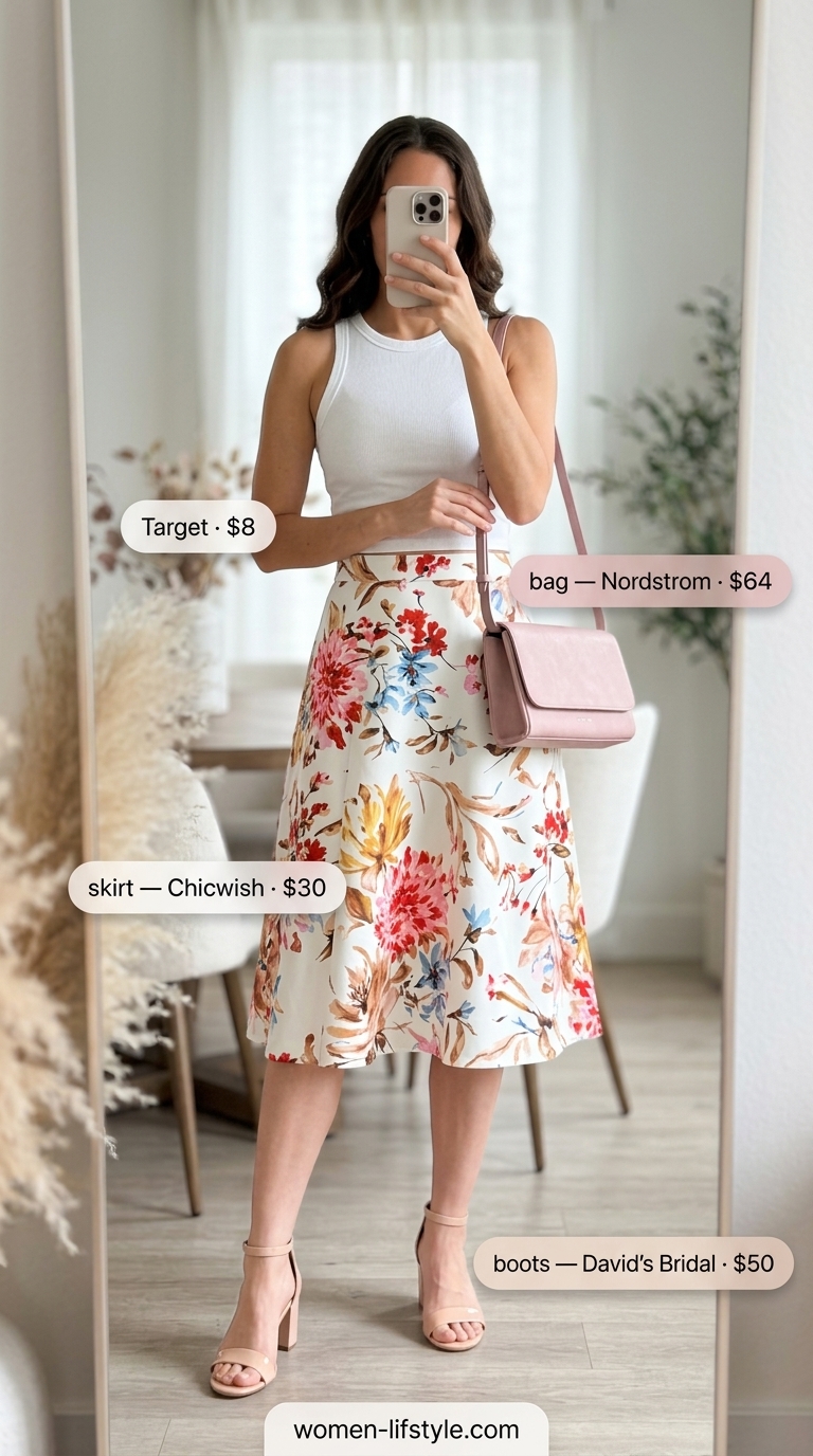 Playful summer birthday dinner outfit for women 2026: Pink floral midi skirt, white tank, block heels.