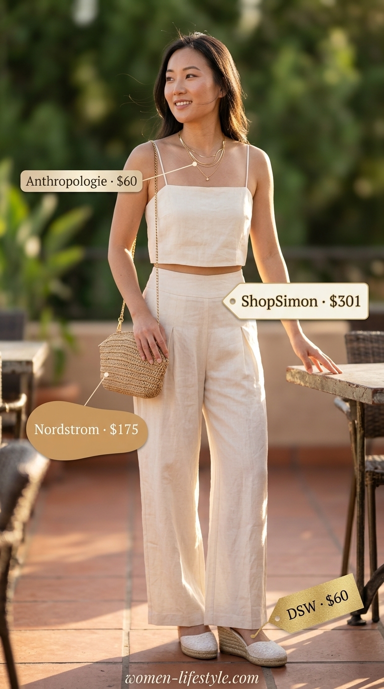 Effortless chic summer birthday dinner outfit for women 2026: Beige linen set, espadrilles, raffia clutch.