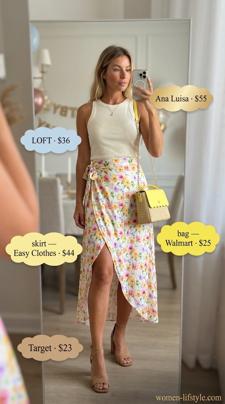 Romantic summer birthday dinner outfit for women 2026: Floral wrap skirt, cream knit top, block heels.