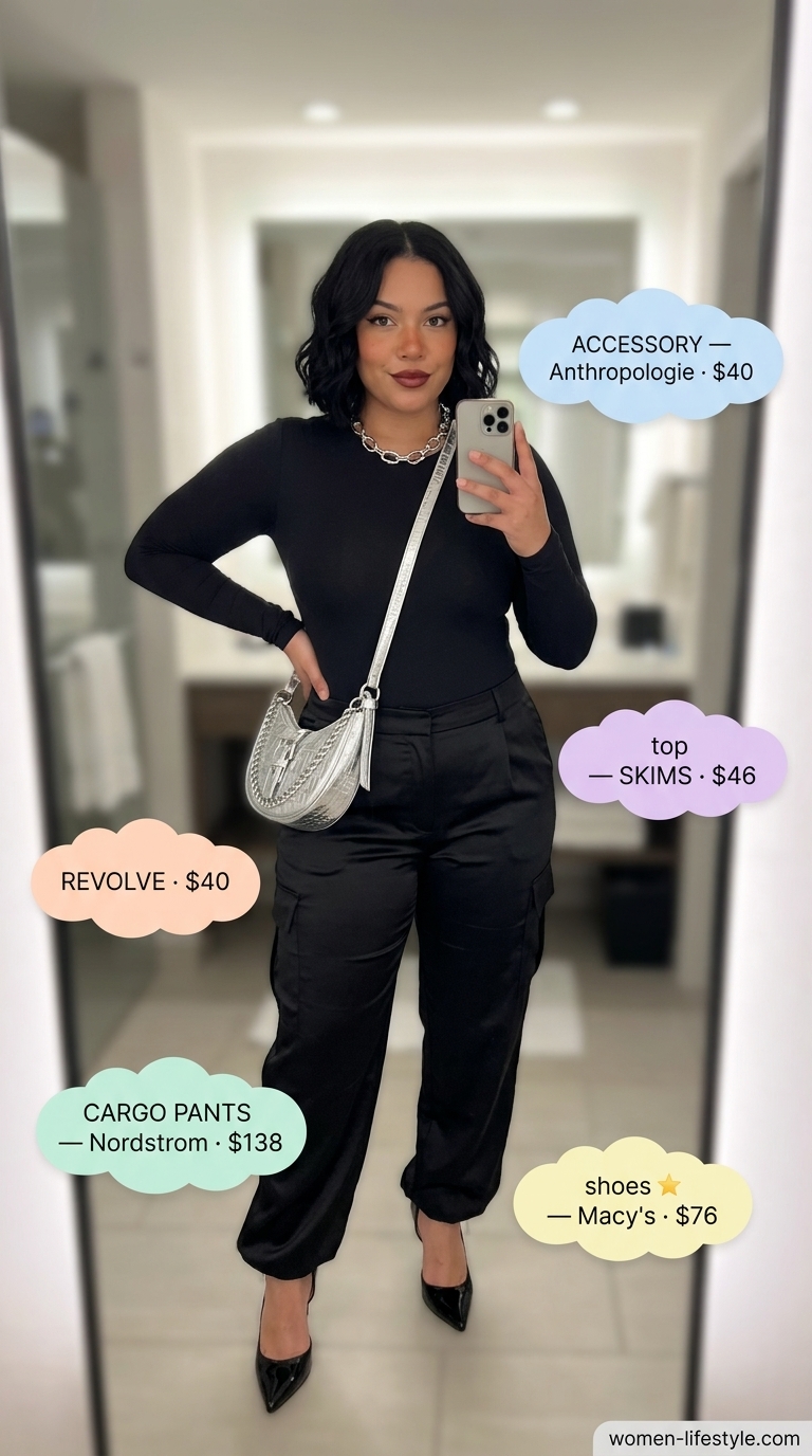 Trendy summer birthday dinner outfit for women 2026: Black satin cargo pants, bodysuit, metallic bag.