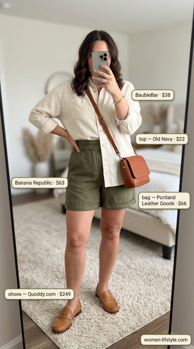 Casual summer birthday dinner outfit for women 2026: Olive green linen shorts, cream oversized shirt, tan loafers.