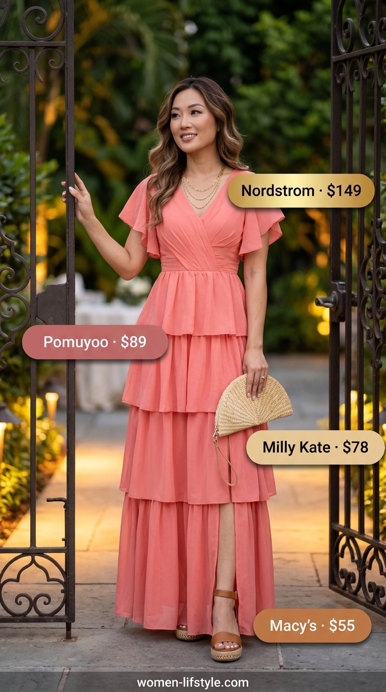 Romantic summer birthday dinner outfit for women 2026: Coral floral maxi dress, straw clutch, espadrille sandals.
