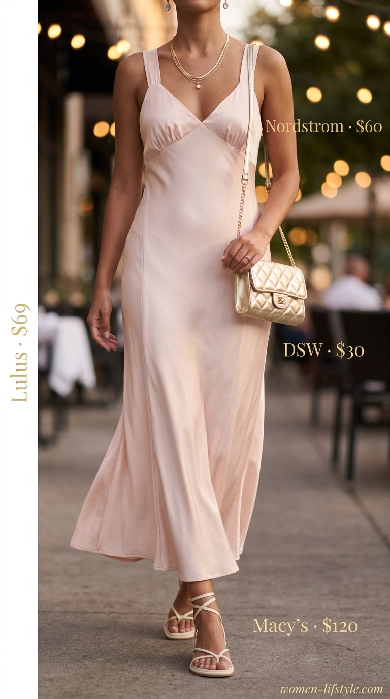 Relaxed feminine summer birthday dinner outfit for women 2026: Blush pink slip dress, flat sandals, crossbody bag.