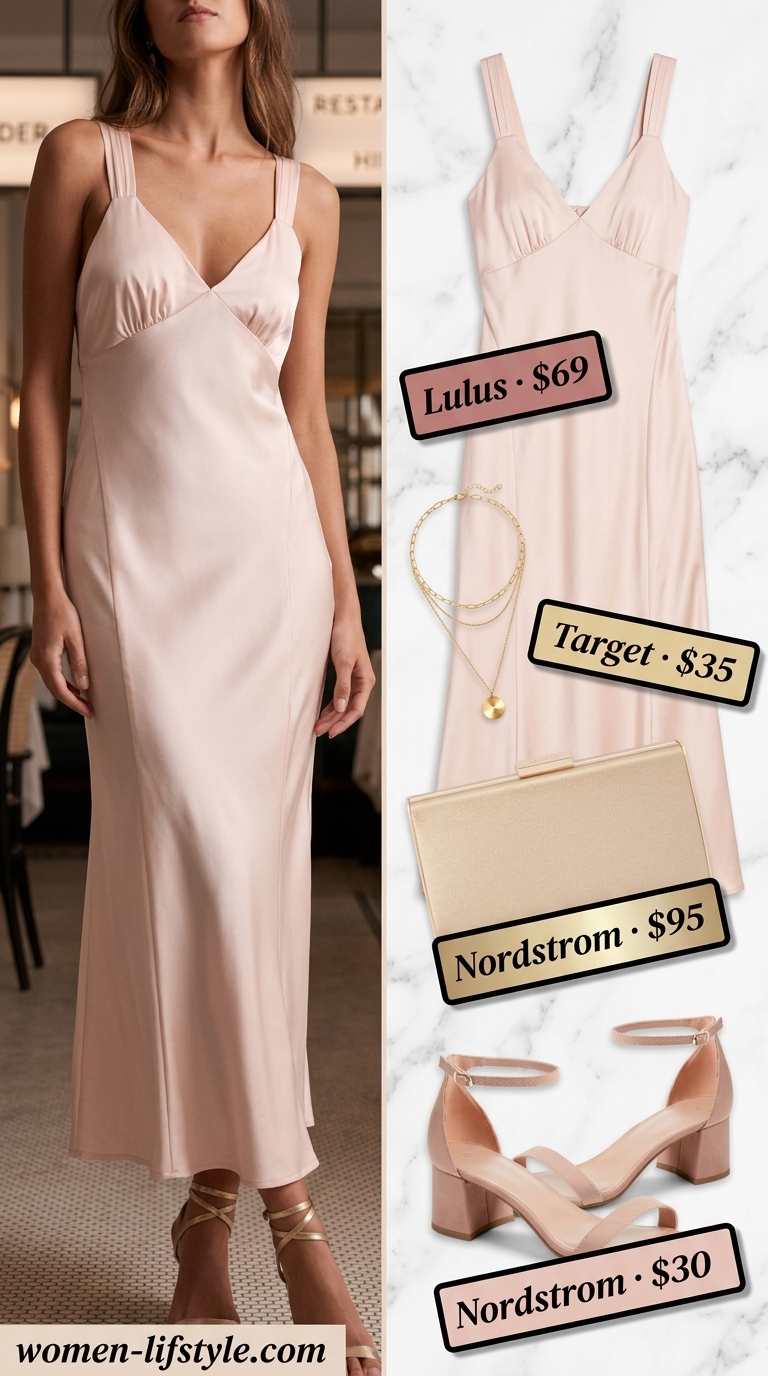 Elegant summer birthday dinner outfit for women 2026: Blush pink slip dress, gold jewelry, strappy heels.