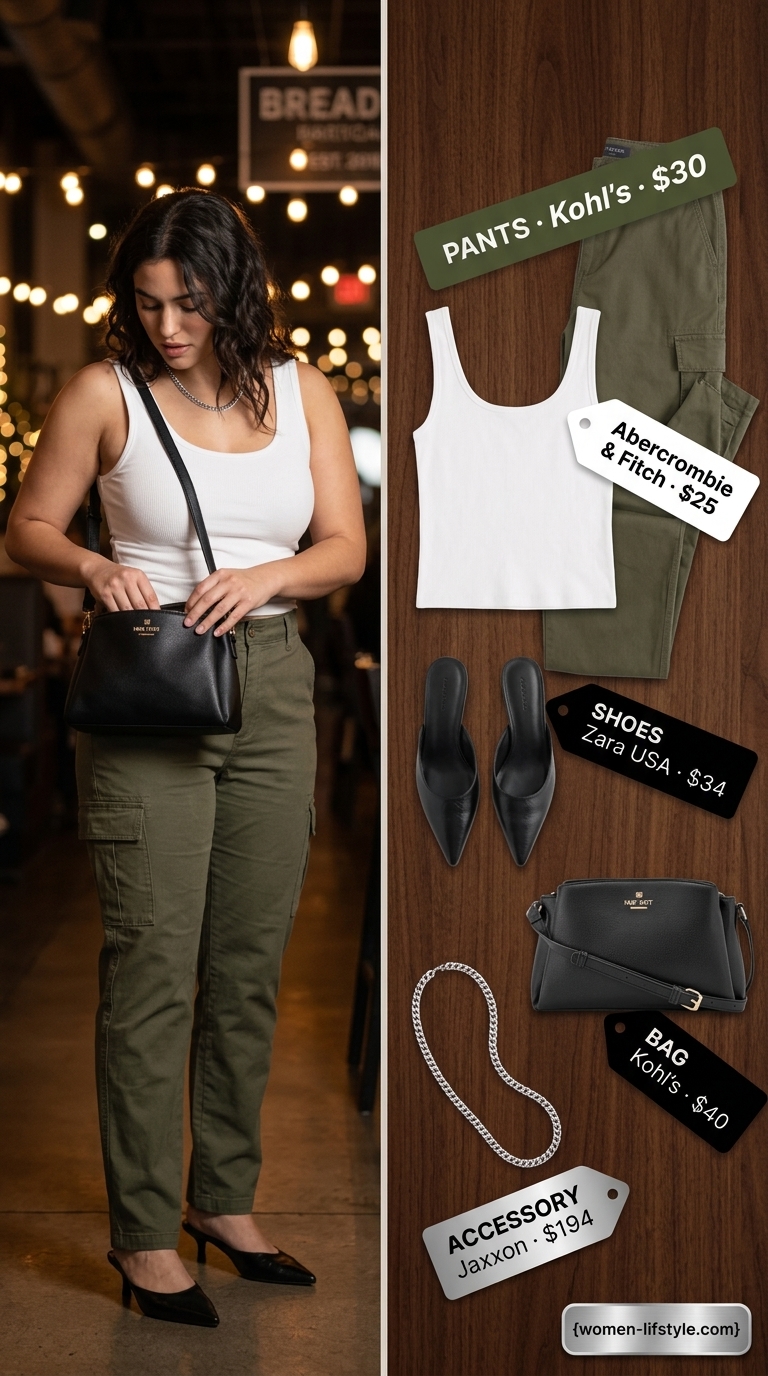 Trendy summer birthday dinner outfit for women 2026: Olive cargo pants, white tank, black mules.