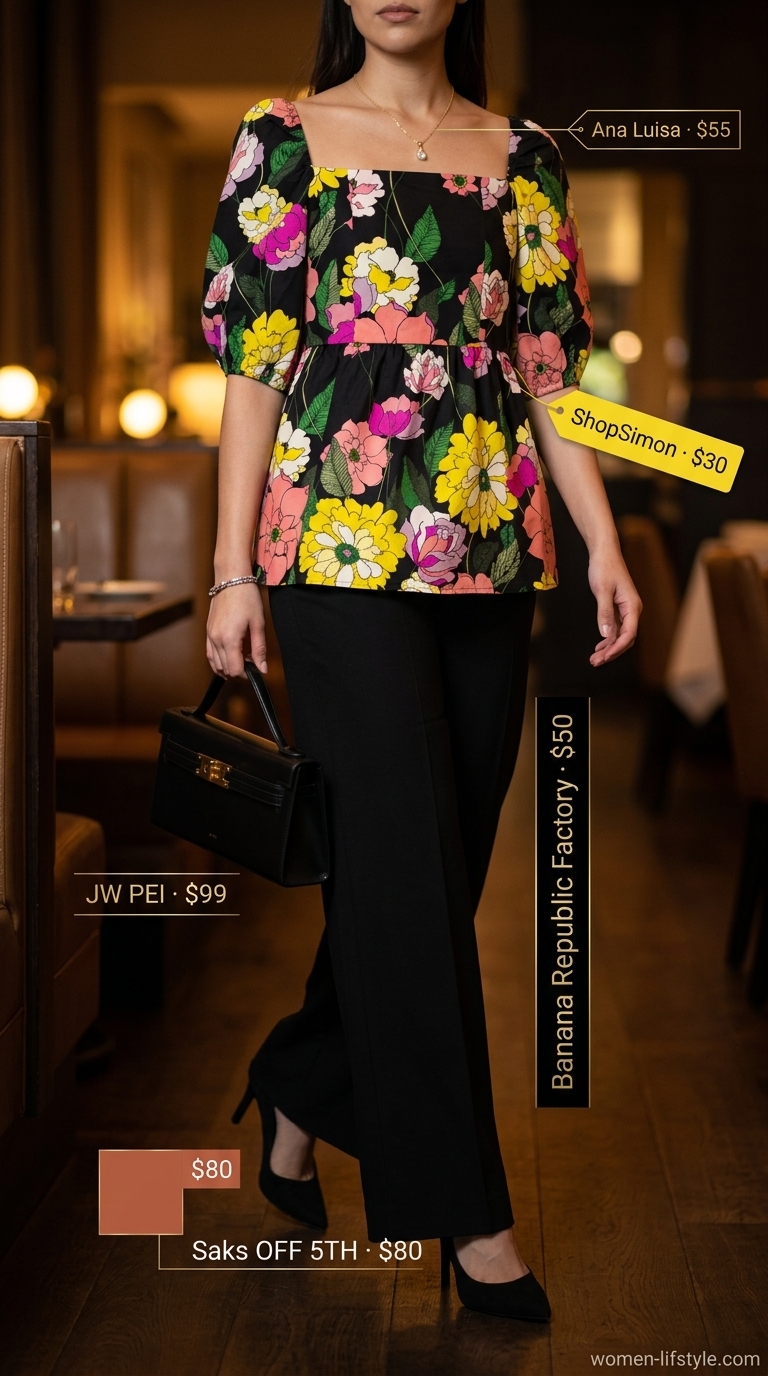 Polished summer birthday dinner outfit for women 2026: Floral silk blouse, black wide-leg trousers, heels.