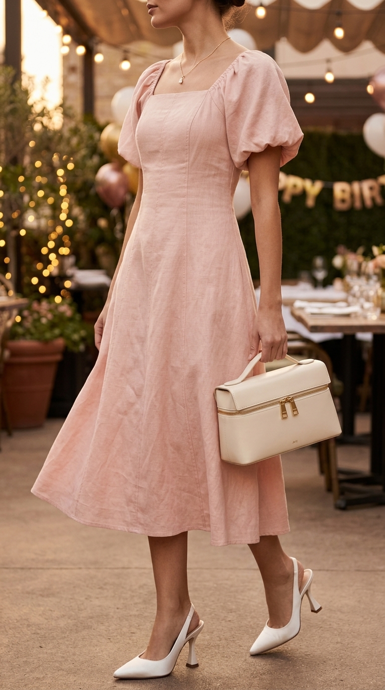 Elegant blush pink linen midi dress with gold necklace, cream heels & bag for a summer birthday dinner outfit for women 2026.