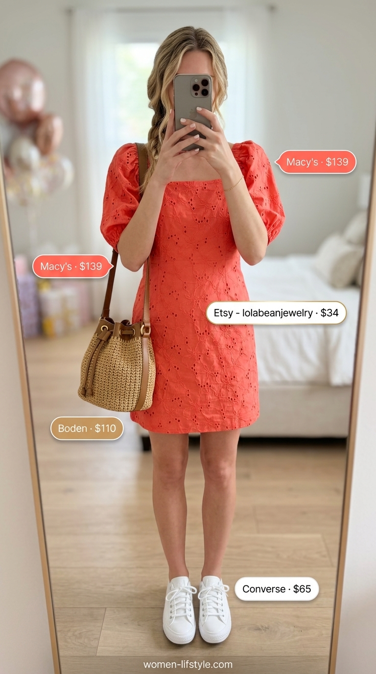 Playful coral mini dress with white sneakers, straw bag & gold bracelet for a summer birthday dinner outfit for women 2026.
