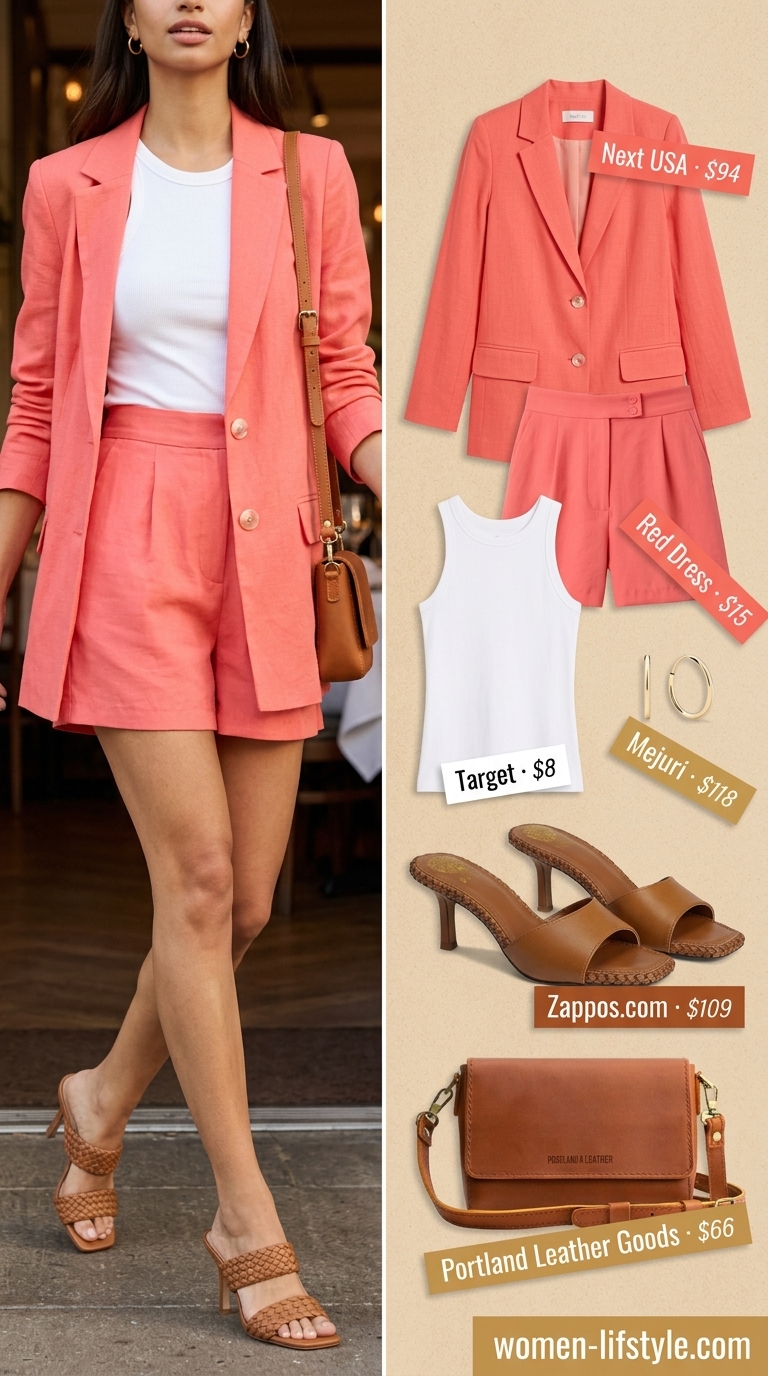 Modern coral short suit with white tank, tan mules & crossbody for a summer birthday dinner outfit for women 2026.
