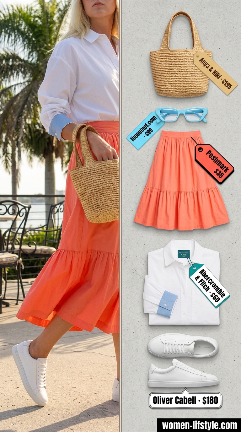 Playful coral midi skirt with white shirt, sneakers & straw tote for a summer birthday dinner outfit for women 2026.